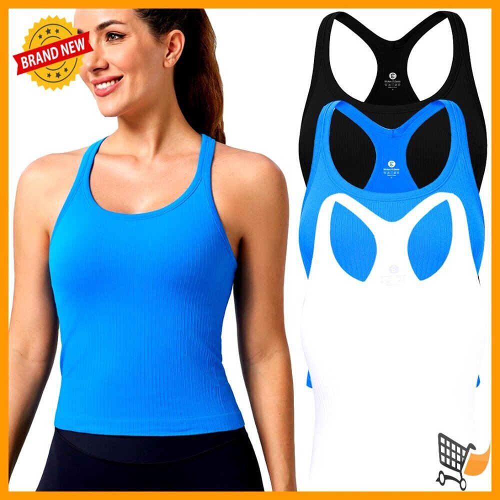 Ribbed Seamless Crop Tank Tops with Built-in Bra Racerback Workout Activewear